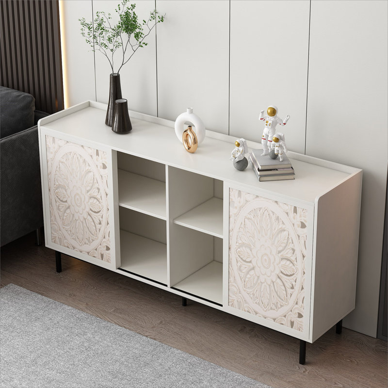 Meuble de salon de style Mid-Century moderne avec meuble télé et armoire de rangement blanc Curio convient aux armoires de télévision, tables, buffets, armoires décoratives (BLANC)