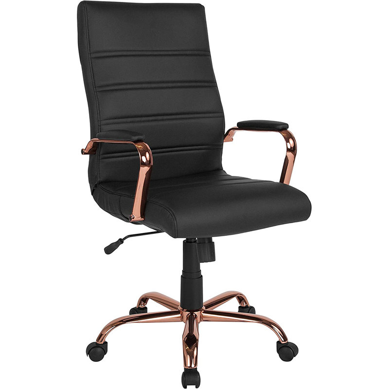Chaise de bureau ergonomique pivotante à haut dossier - Basics by Wayfair ™, Or rose, Similicuir noir