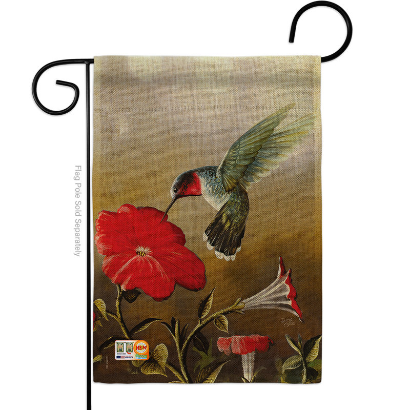 Drapeau de jardin à 2 côtés 1,5 x 1,1 pi. ruby hummingbird amis des oiseaux à l’impression en toile jute
