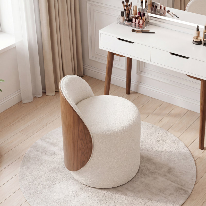 Modern Upholstered Accent Stool Vanity Chair With Bentwood Back, White
