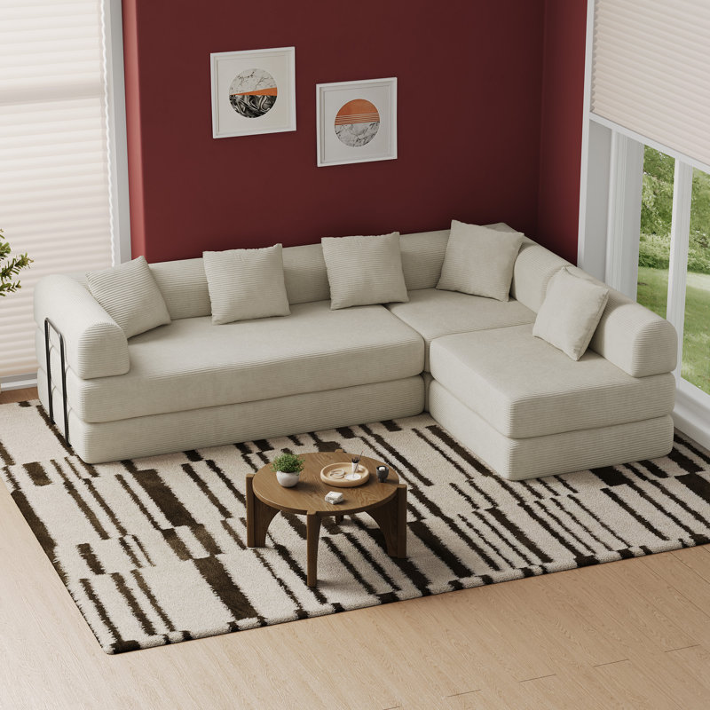 Convertible Boneless Sectional Sleeper Sofa Bed Modular Compression Couch With Removable Back And Arm, White Corduroy