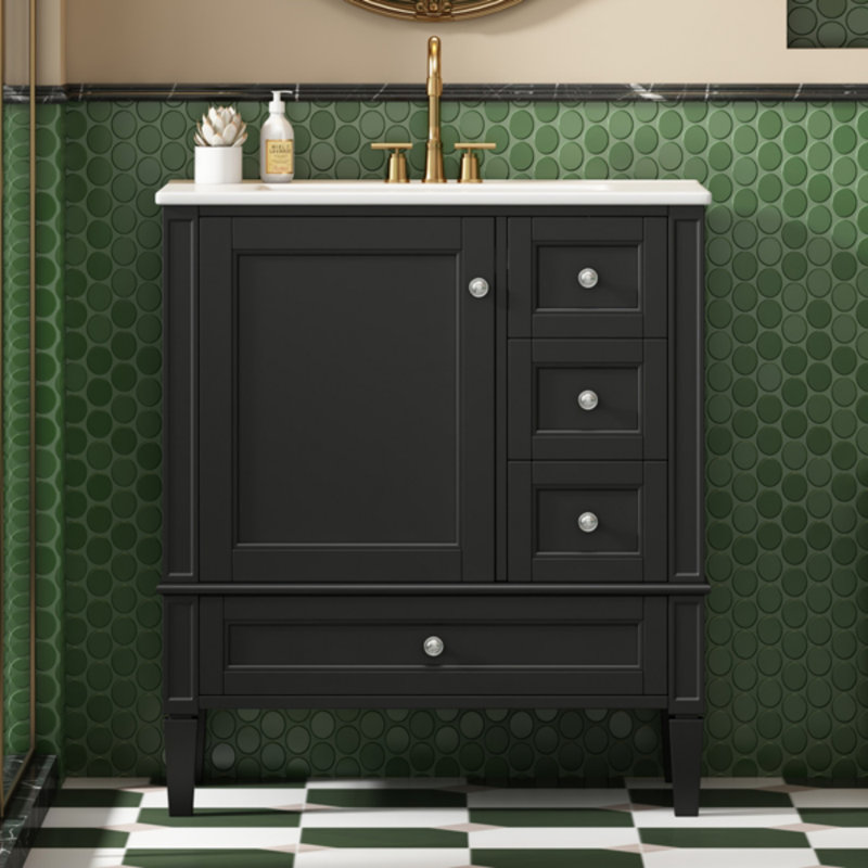 Meuble-lavabo 30 po avec lavabo en céramique, meuble-lavabo noir avec 3 tiroirs, meuble de rangement moderne avec cadre en bois massif, meuble-lavabo