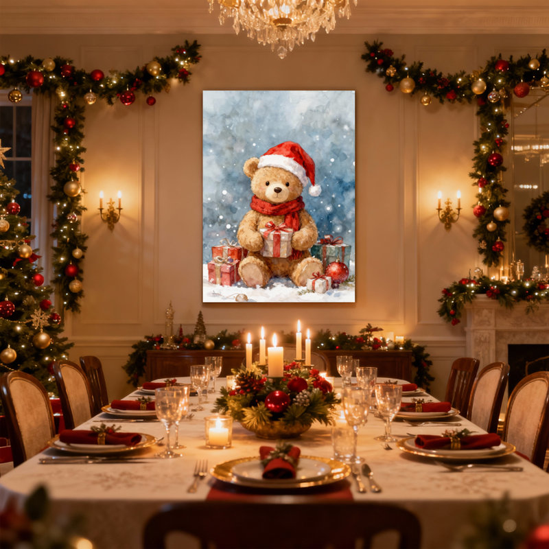 Ours de Noël avec cadeaux et neige, ensemble de 3 impressions sur toile, H 18 po x l 12 po