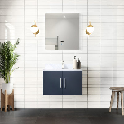 30 In. W X 22 D Navy Blue Bath Vanity, Marble Top, Led Mirror - Soft Close, , Ample Storage To Scratches And Stains, Compartment