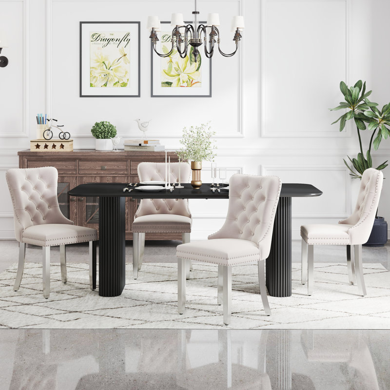 Ensemble de salle à manger rectangulaire en bois avec chaise capitonnée, 5, Beige, Noir