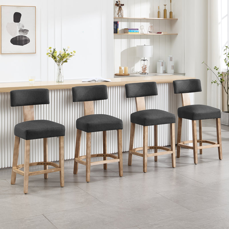 Tabourets de comptoir rembourrés 27,7 po avec dossier courbé et structure en bois massif, Gris foncé, 4