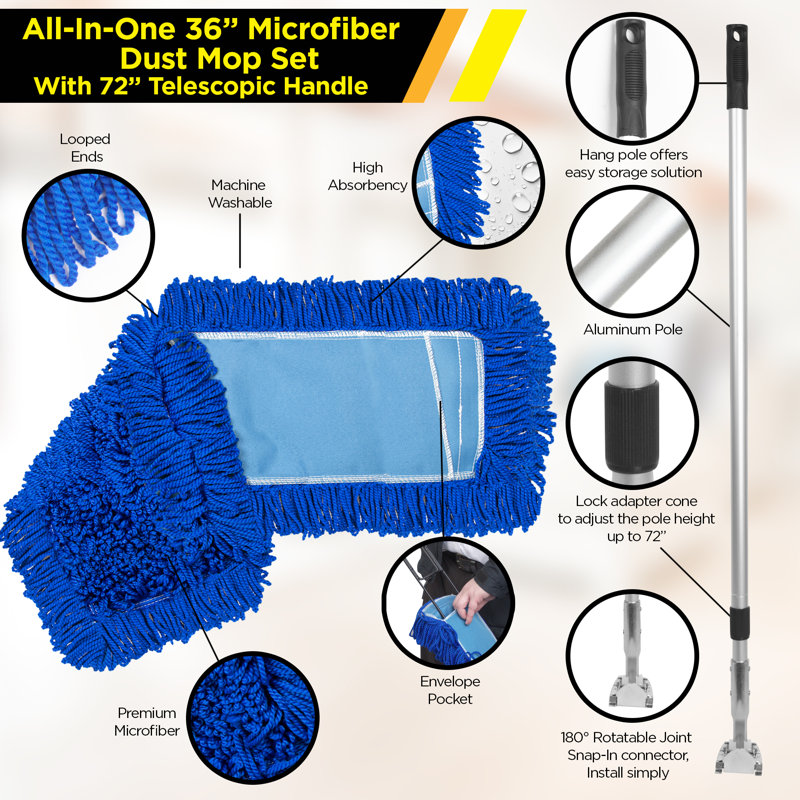 Gritt Commercial All-In-One 60” Microfiber Dust Mop Set With 72" Telescopic Handle, 72" H x 36" W x 5" D