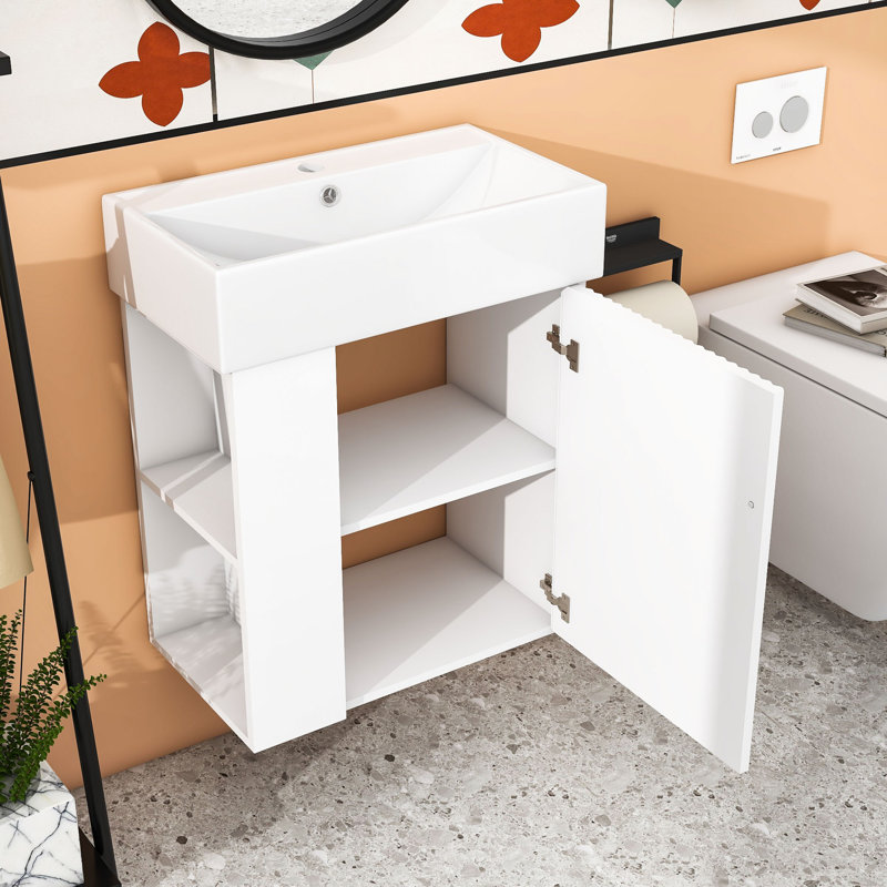 Meuble-lavabo flottant moderne avec lavabo en céramique, Blanc