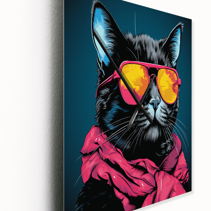 Horloge murale moderne Cool Cat avec lunettes de soleil jaunes, Grand