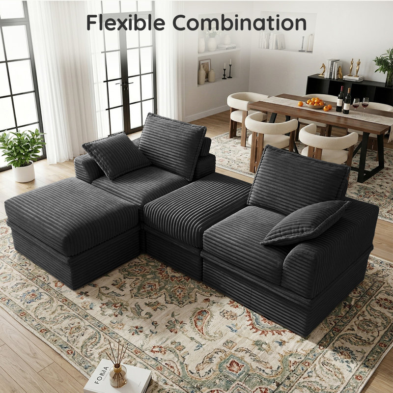 Boneless Oversized Corduroy Sectional Loveseat Sleeper Sofa, 4-Piece Modular Couch with Storage, 2 Ottomans & 2 Pillows for Living Room & Apartment, Easy Assembly Required