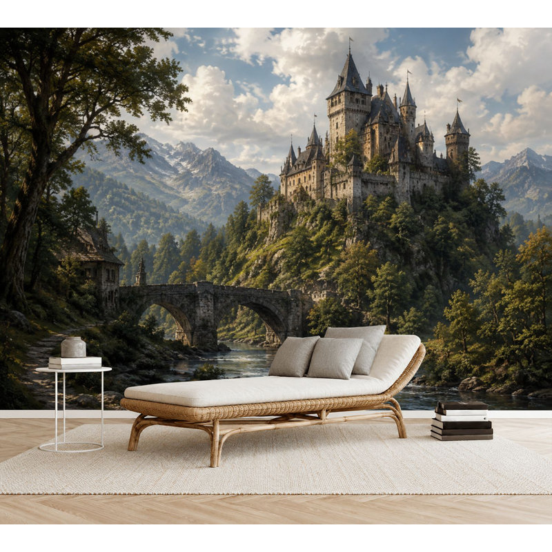 Papier peint auto-adhésif majestueux pierre médiévale Castle Hill Arched Bridge Forest Forest, 69" L x 96" W