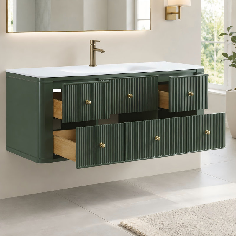 Meuble-lavabo mural vert antique 48 po avec armoire en bois massif et lavabo en acrylique