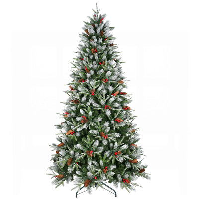 4FT Christmas Tree with 747 Tips, Red Berries & Pine Cones – Snow-Dusted PE+PVC Branches, Hinged Design for Easy Setup, Sturdy Metal Stand – Full, Natural Holiday Tree Decoration