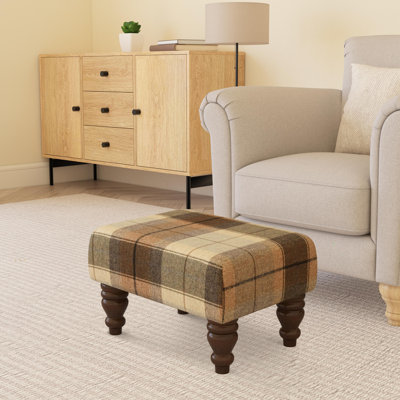 Tartan Material Large Footstools Wood Turned Leg - Tartan - Seaglass Green