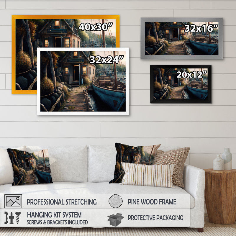 Port rustique avec un bateau de pêche II - Peinture sur toile, H 30 po x l 40 po x P 1,5 po