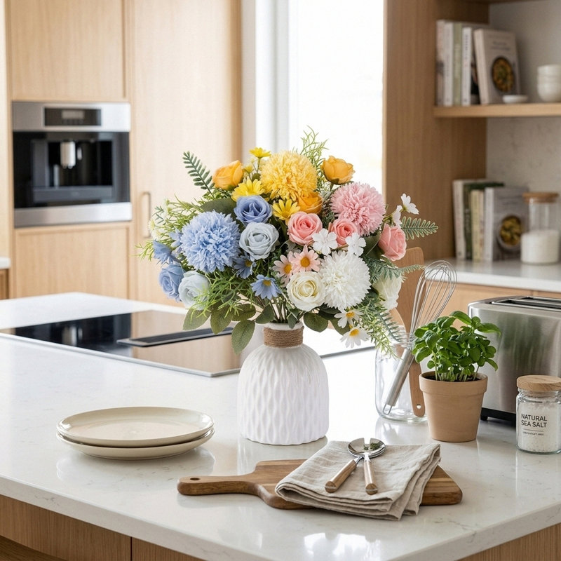 Faux bouquet de fleurs mélangées dans un vase, fleurs artificielles dans un vase pour la décoration