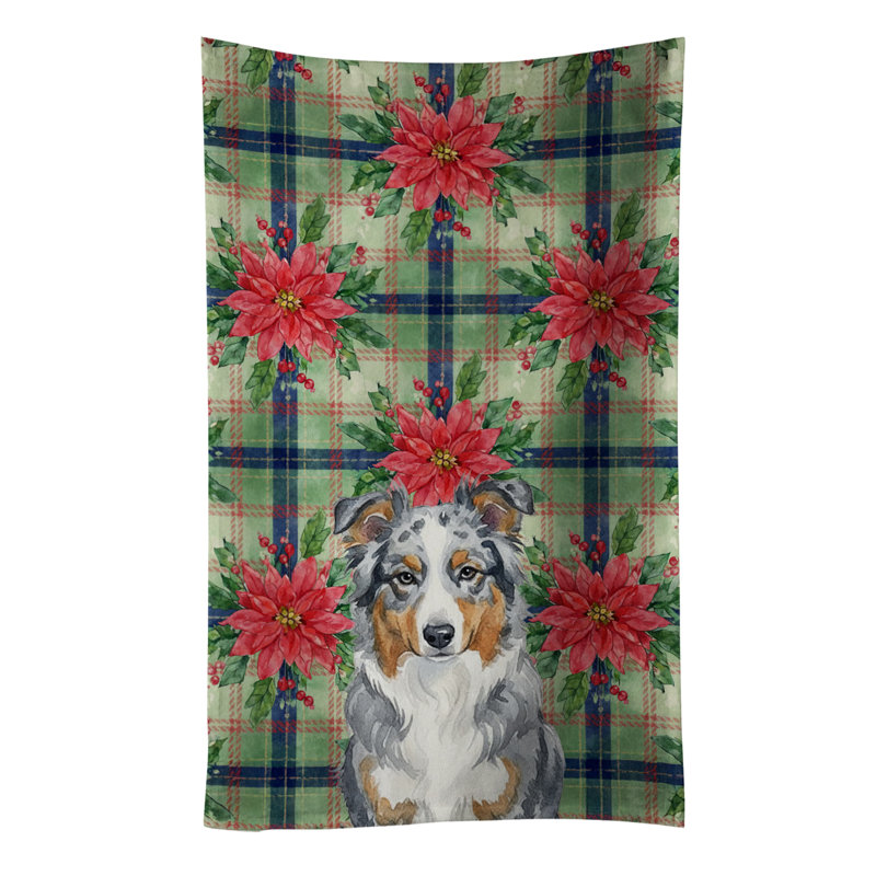 Blue Merle American Shepherd Christmas PoinsettIas Kitchen Towel, Blue Merle American Shepherd