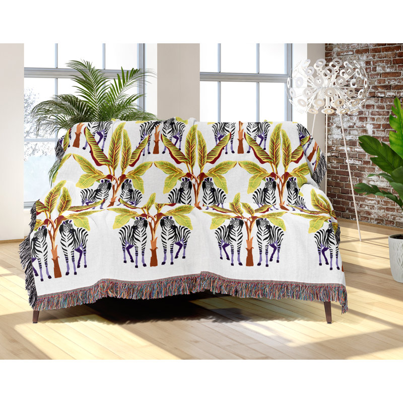 Jeté en mélange de coton Xavier Zebra, Noir / jaune-vert / blanc cassé, L 60 po x l 50 po