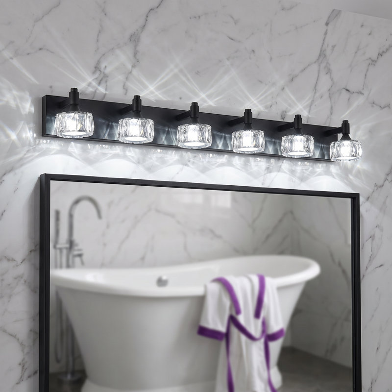 Luminaire de meuble-lavabo moderne à DEL avec abat-jour en cristal, à intensité variable, Six lumières, Noir mat