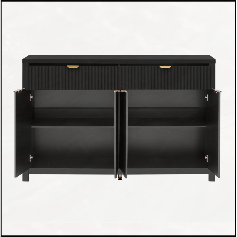 Buffet à motif de vagues avec 2 tiroirs, 4 portes et 3 tablettes réglables à 3 niveaux, Noir