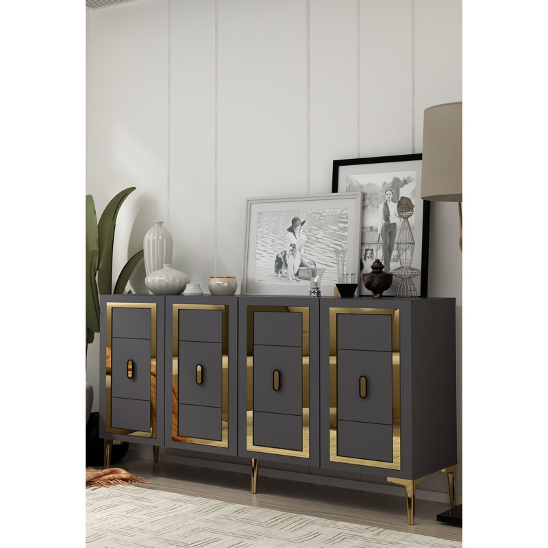 Modern Console Table with Wall Mounting Capability, Anthracite & Gold, 100% Melamine Coated Particle Board, 0.7 inches Thick | Multiple Shelves, Stylish Geometric Design for Home Décor