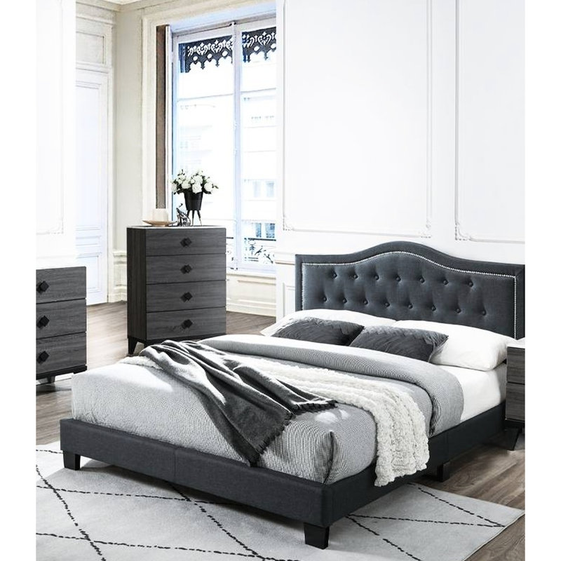 Structure de lit européen avec tête de lit à boutons capitonnée, support central, chambre à coucher de style essentiel avec toile de jute gris anthracite, aucun sommier requis, meubles
