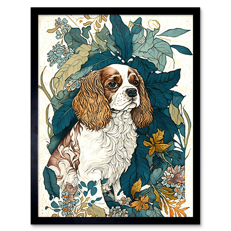 King Charles Spaniel Dog In Leafy Plants Modern - Single Picture Frame Print