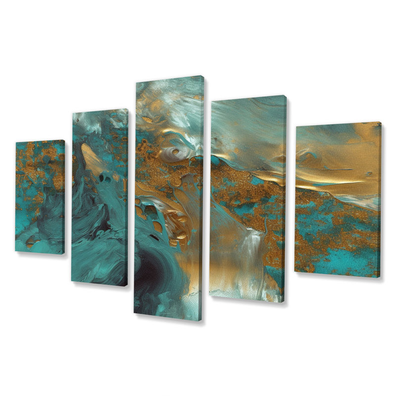 Golden Sunshine Wild Turquoise River Abstract IV - décoration murale abstraite - 5 panneaux