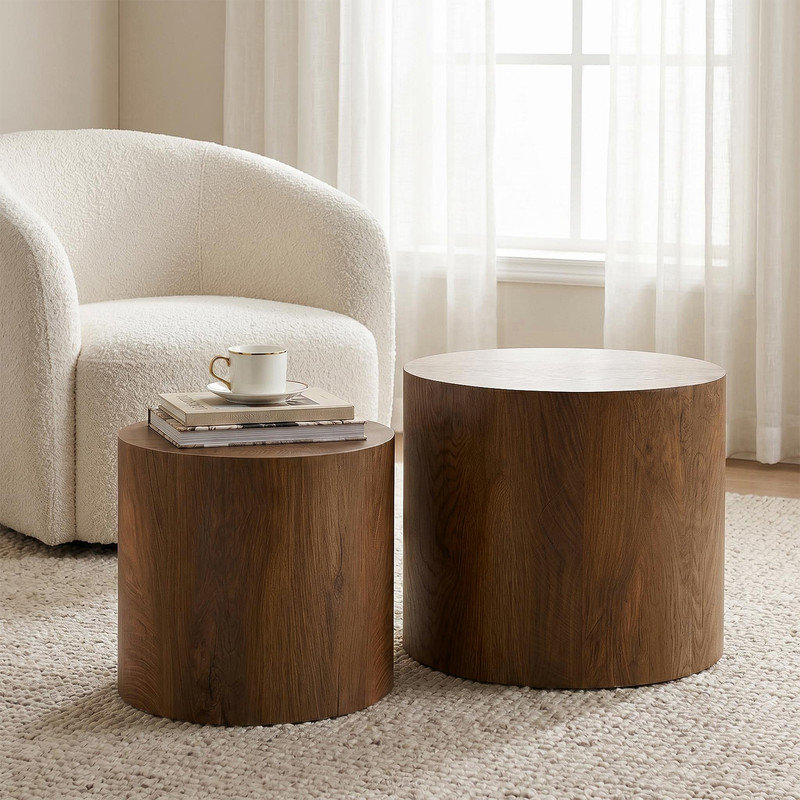 Ensemble de 2 tables basses gigognes en noyer rond 18,9 po avec coussinets antidérapants, sans assemblage pour le salon, petits espaces