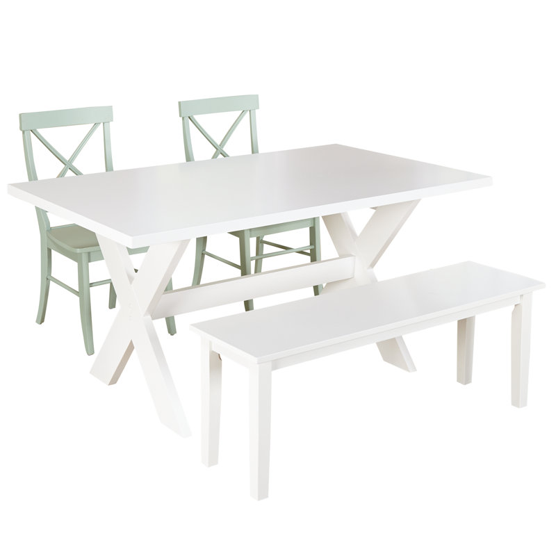 Ensemble repas pour 6 personnes Bengte, Blanc, 4 pièces : 1 table, 2 chaises, 1 banc, Menthe