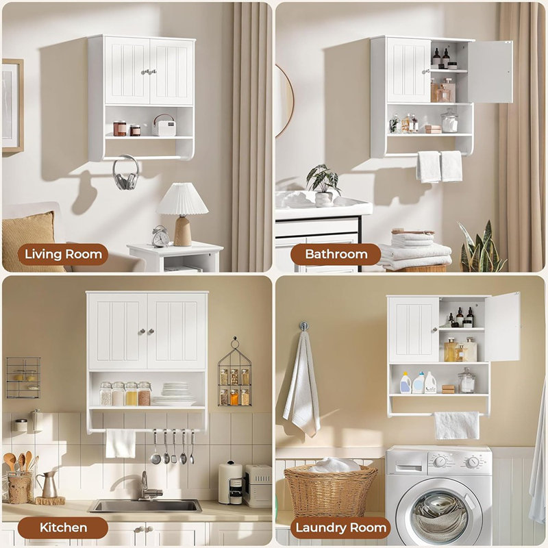 Armoire de salle de bain murale blanche - rangement suspendu avec 2 portes et tablette réglable