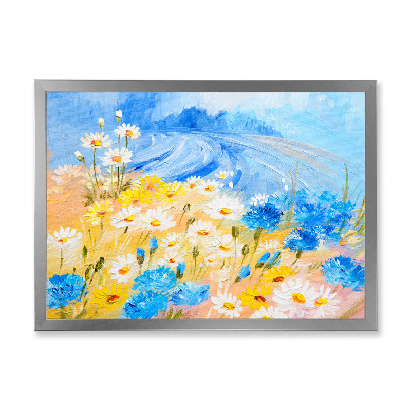 Fleurs de marguerites bleues et blanches - Art sur toile traditionnel, H 12 po x l 20 po x P 1,5 po