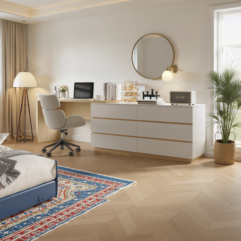 97.6-Inch Extendable Vanity Dressing Table Adjustable L-Shaped Home Office Vanity Desk With 6 Drawers, Oak/Ivory