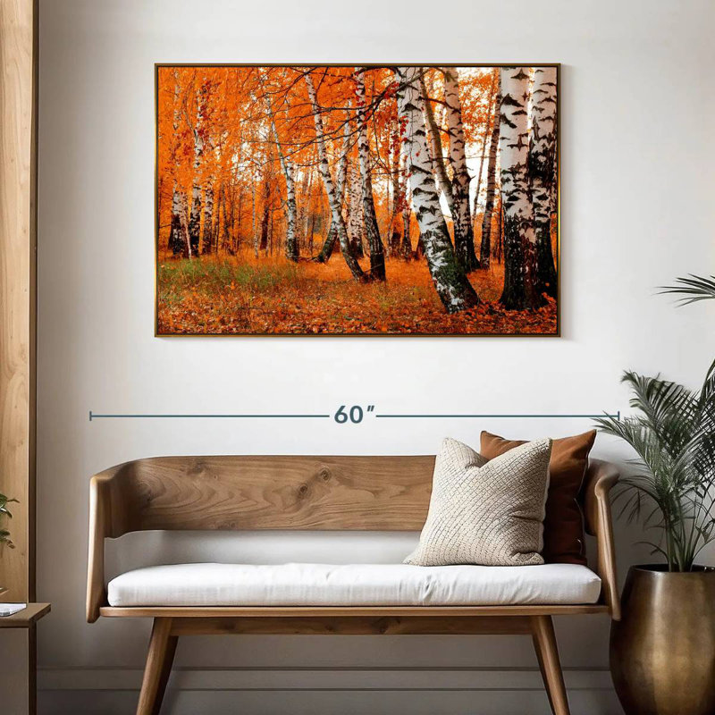 Forêt de bouleaux orange, 46 po x 31 po, Cadre flottant doré