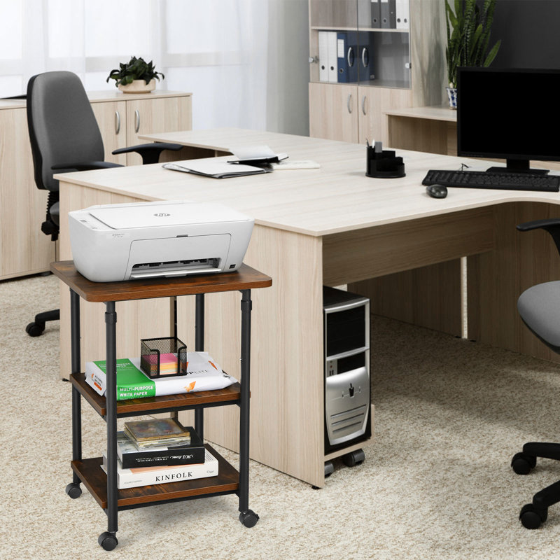 Brown Adjustable 3-Tier Rolling Printer Cart with Steel Frame