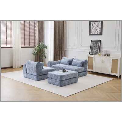Foldable Wave Star Modular Sofa, Chenille Fabric for Living Room & Bedroom, Instant Expansion Comfortable Creative Furniture with 1 Middle Seat, 1 Ottoman and 1 Side Chaiseest,Blue.