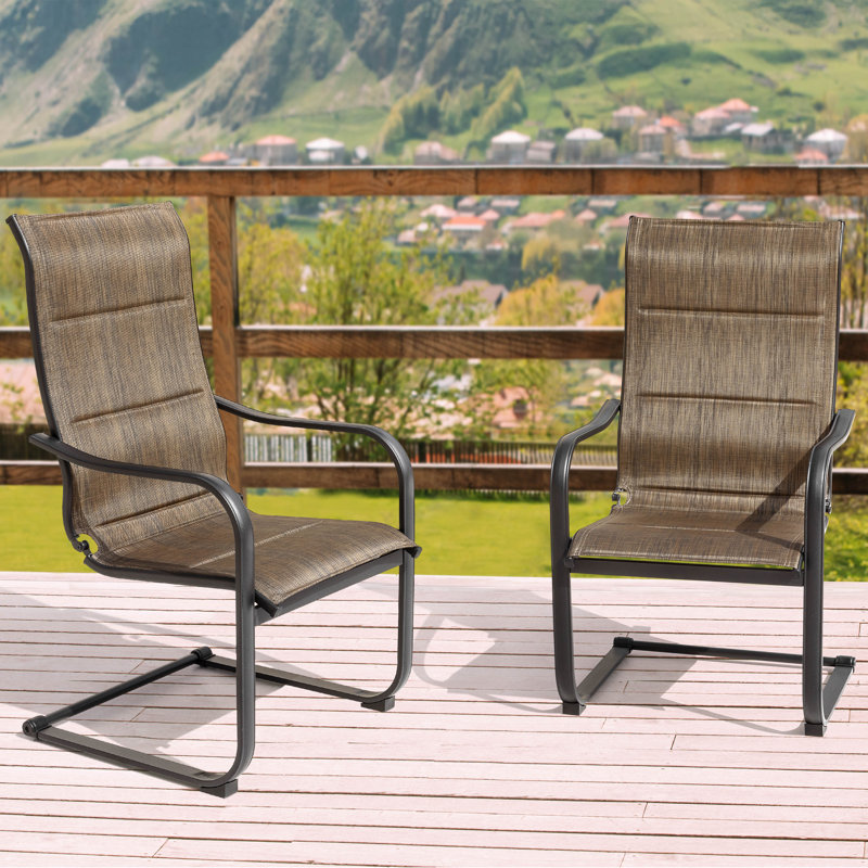 Nevan C-spring Outdoor Motion PVC-Coated Polyester Dining Chairs with Foam-Padded and Iron Chair Frame, Brun