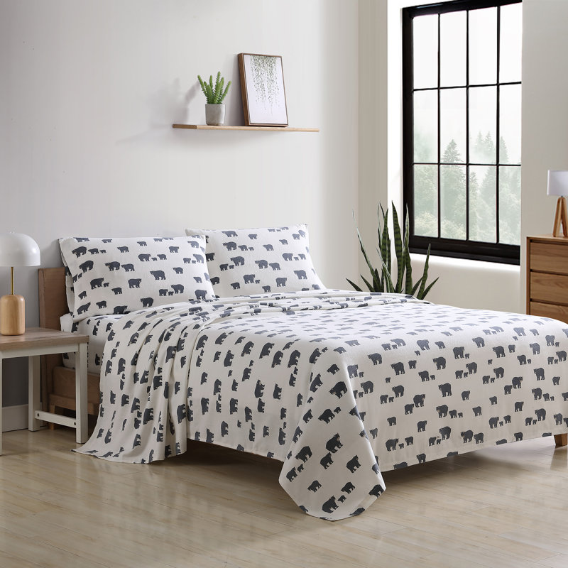 Ensemble de draps 100% coton 200 fils, Ensemble de draps pour lit simple avec 1 taie d'or, Famille d'ours