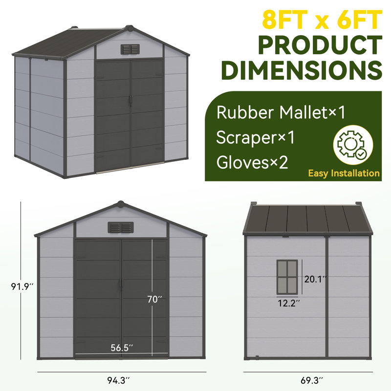 8X6 FT Outdoor Storage Shed, Weather-Resistant Shed With Lockable Double Doors & Built-In Floor, Sloped Roof Outdoor Shed For Backyard, Patio & Lawn, Gray