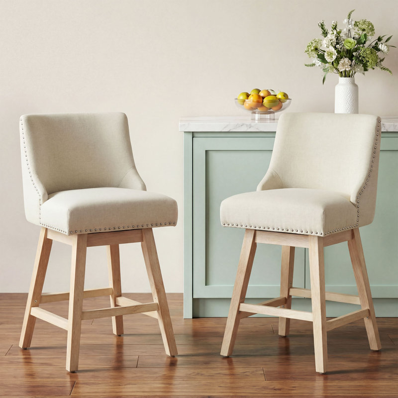 Swivel Counter Height Bar Stools Set Of 2, 25.4''H Upholstered Barstools With Backs, Modern Bar Stool Chairs For Kitchen Island, Wood Legs, Fabric, Stools Counter Chair