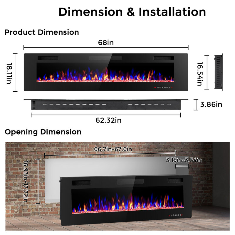 Foyer électrique encastré et mural avec télécommande et flamme réglable, H 18,1 po x l 68 po x P 3,86 po