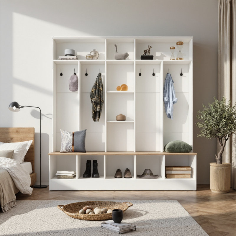 Minimalist Hall Tree With Cube Storage & Bench – Entryway Organizer With 8 Hooks & Shoe Cabinet, White