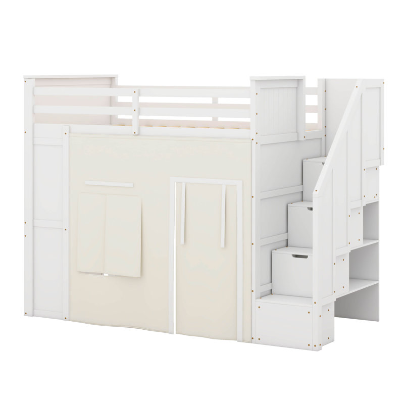 Twin Size Loft Bed With Desk And Lockers, Two Built-In Drawers, Storage Staircase And Curtain