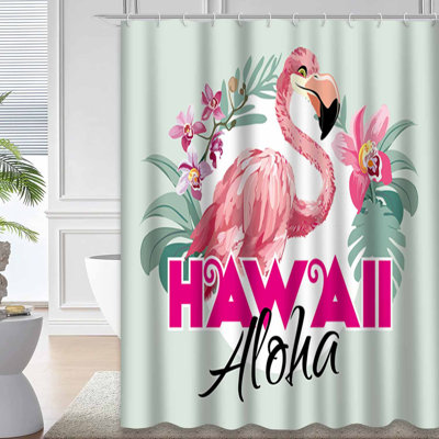 Waterproof Pink Exotic Orchid Palm Leaf Tropical Flamingo Shower Curtain with 12 Hooks