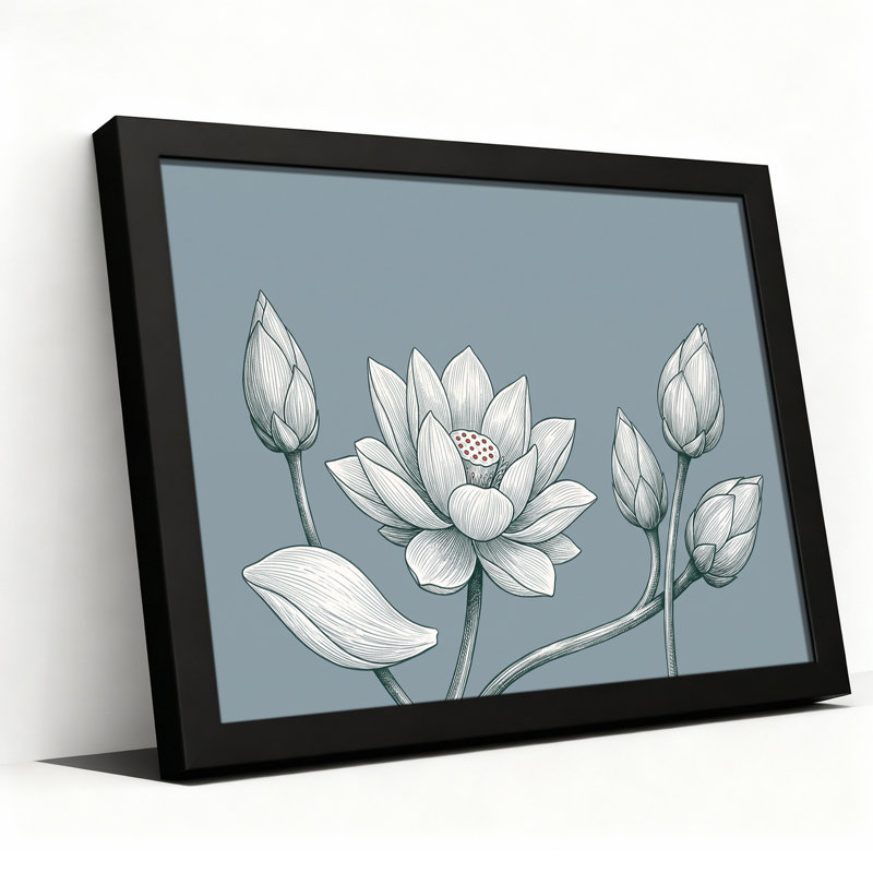 Illustration au trait de fleur de lotus et de bourgeons sur fond bleu ardoise, pour tableau mural, H 20 po x l 30 po