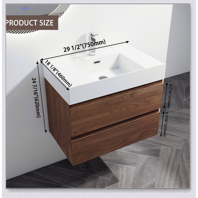 Meuble-lavabo mural 30 po avec lavabo en résine, 2 tiroirs à fermeture en douceur