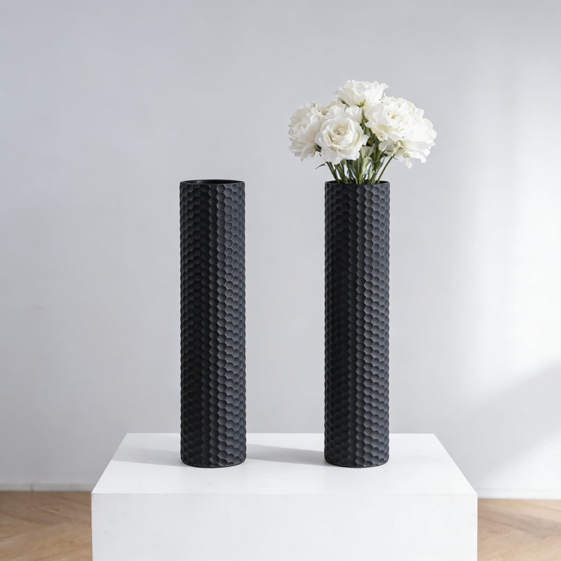 Modern Metal Floor Vase Set Of 2, 27.6 Inch Tall Cylinder Vases With Honeycomb Texture For Home Decor, Large Decorative Vases For Living Room, Bedroom, Or Corner