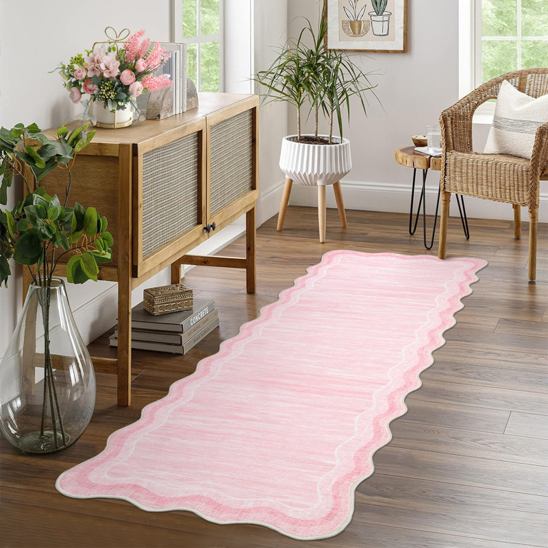 Tapis lavable à la machine avec bordure en caoutchouc pour le salon Tapis de salle à manger moderne antidérapant, Rose