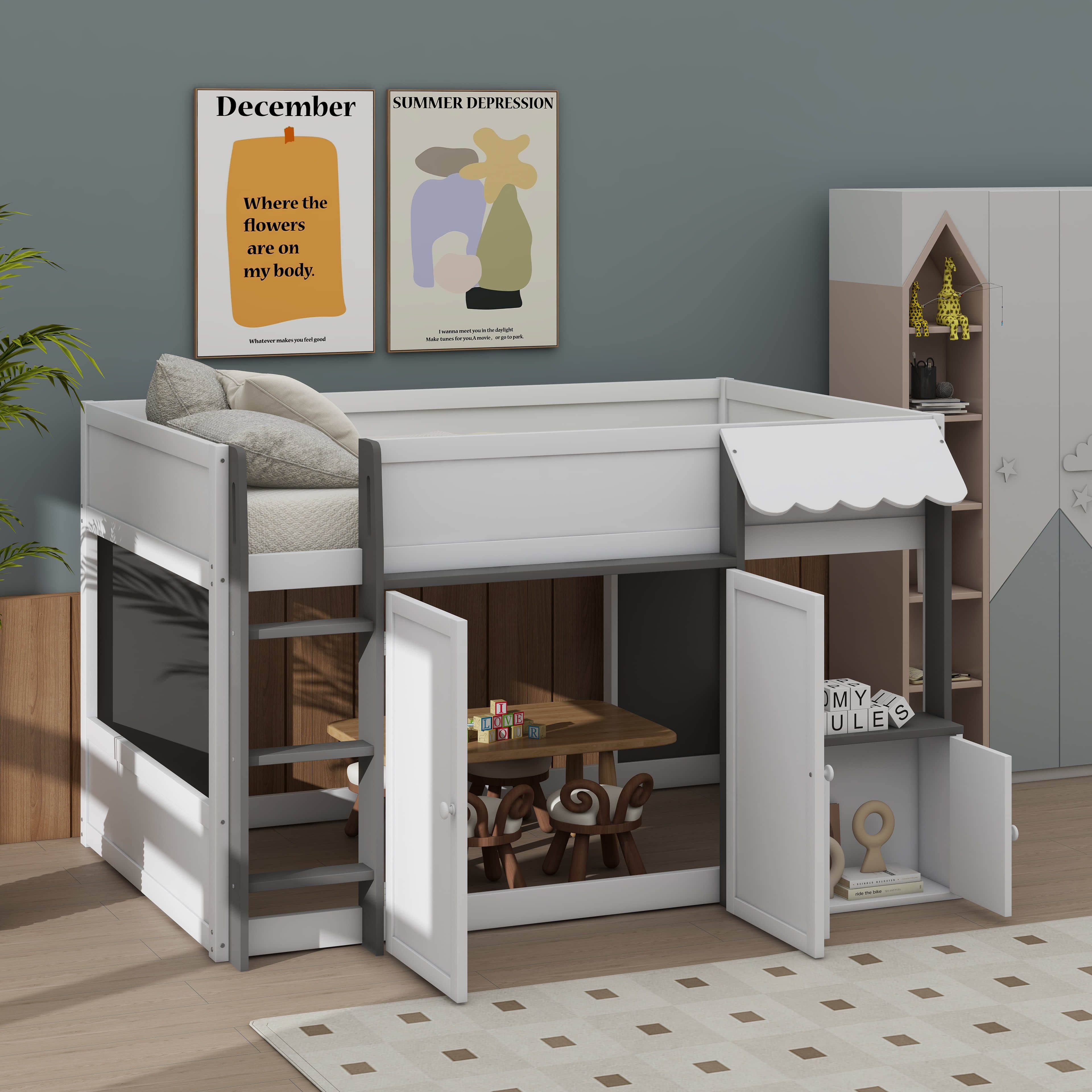 Ebern Designs Modern Wooden Full Loft Bed With Integrated Playhouse And ...