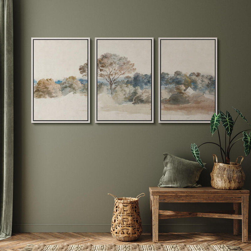 Watercolor Green Countryside Forest Trees Landscape Rustic Wall Art Framed 3 Pieces Canvas Print, Blanc
